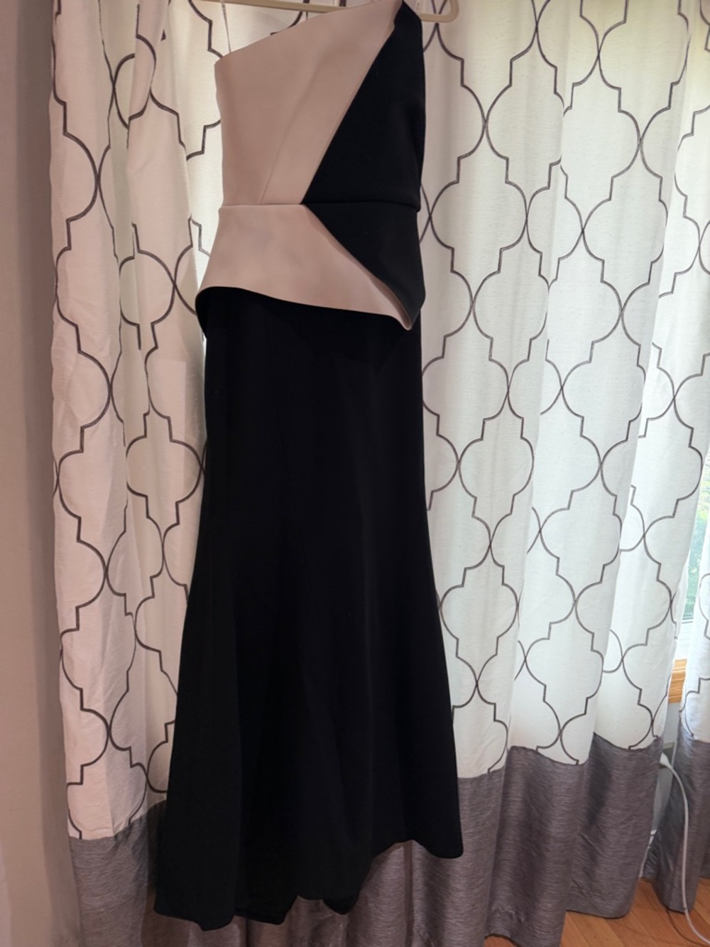 Halston Heritage Black and Cream Strapless Peplum Gown